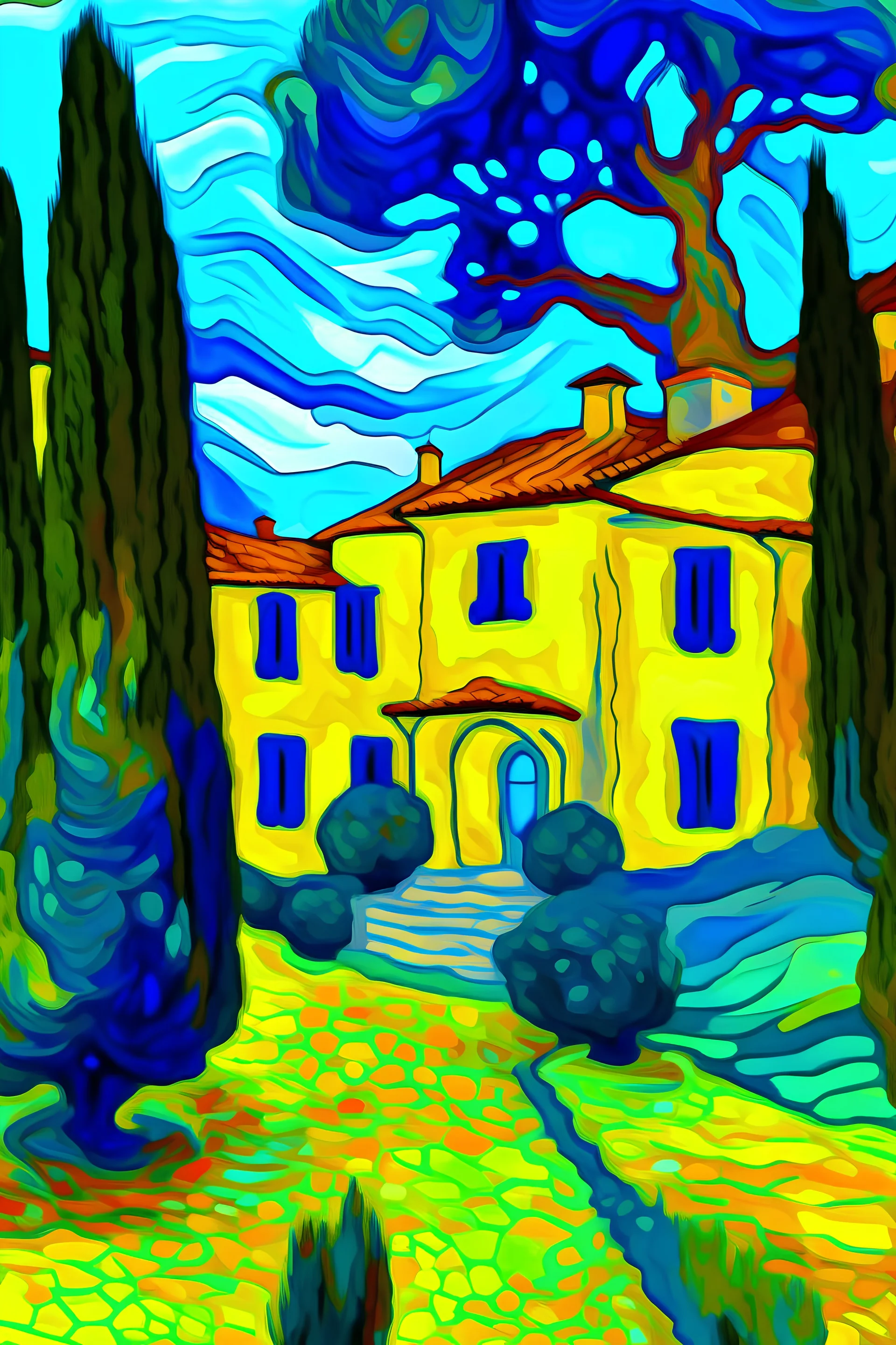 Paisaje post impresionista de una casona antigua española al estilo van Gogh