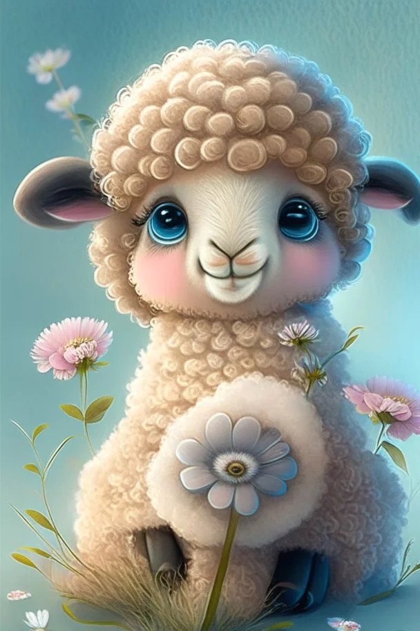 dorable cute happy baby scottish highland sheep with dreamy eyes, sitting down and holding a flower, nursery art, very rendered polished Perfect, smooth edges, flawless Facial Features, Stunning, Whimsical Fantasy, Cute, Highly Detailed, Well Rendered, cartoon, illustration