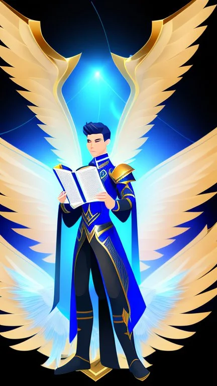 a human male with blue short hair and blue wings in assymetrical armor with geometric patterns and a book in hand, geometric wings