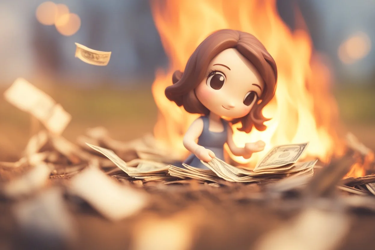 paper money stacks, cute chibi brunette princess desperately throwing a pile of paper money onto a burning bonfire with a pitchfork in sunshine, ethereal, cinematic postprocessing, bokeh, dof