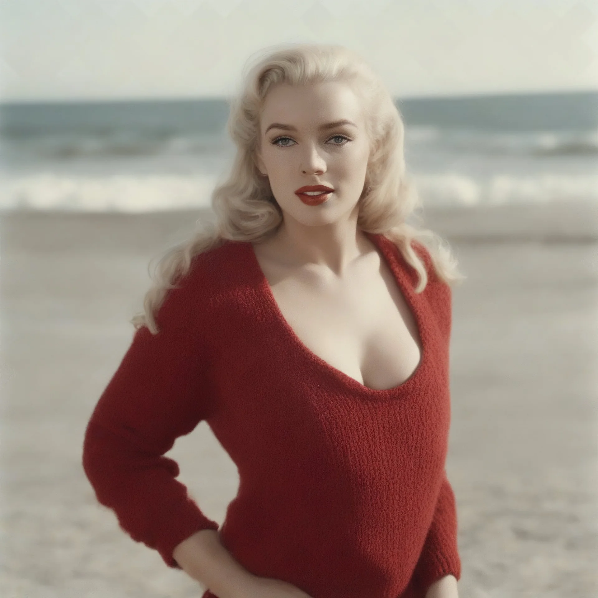 Marilyn monroe with long braids, in a large red woollen sweater, on the beach, in the sun