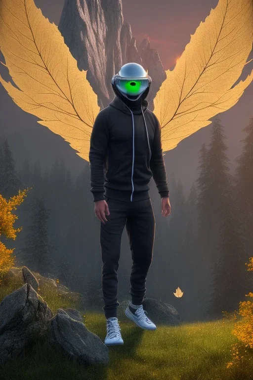 running alien portrait , black jogging suite , in the sunset Alps, golden light , holding leaves and flowers , angels background, volumetric light, high detail, dark leaf tree, dark mountains in background, perfect