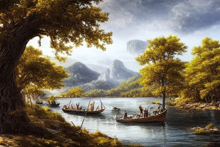 higly-detailed, epic landscape, river, highly detailed, perfect lighting, perfect composition, 4 k, artgerm, hudson river scool, big old tree, sunny day, large sea, boats