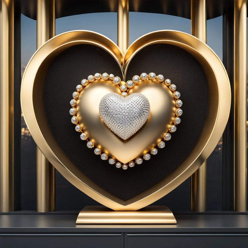 A magnificent golden and silver heart-shaped sign adorned with a stunning golden sphere encrusted with sparkling diamond clusters at its center, elegantly spinning in position.