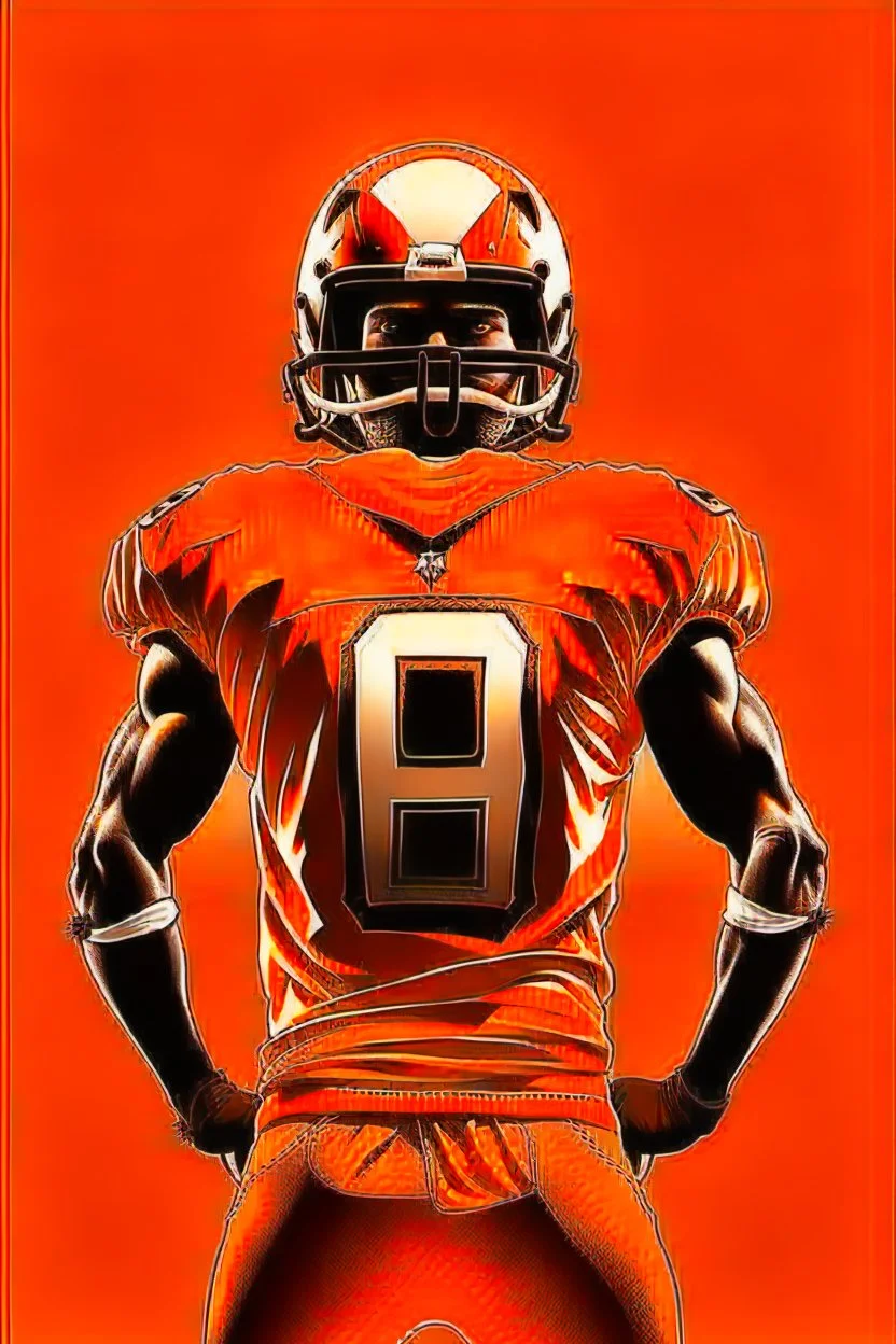 Silhouette of a football linebacker with a punisher skull on front of jersey instead of numbers, orange background, photorealistic