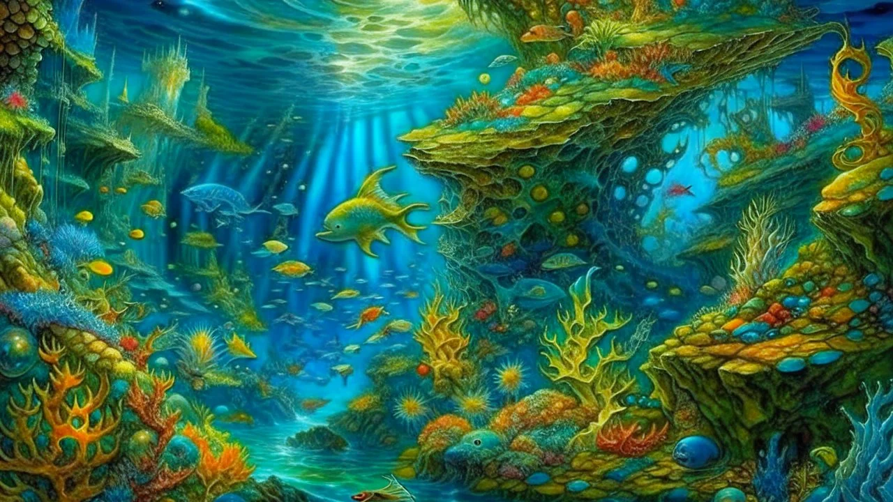 .A vast underwater world with luminescent creatures and coral castlesperfect anatomy, fantasy, vibrant digital art professional award winning masterpiece, oil on canvas Atmospheric extremely detailed Josephine Wall