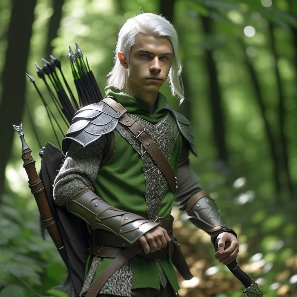 Please create an image for a young elven male with light brown skin, silver hair, and green eyes. He is standing outside in the forest during springtime, carrying a crossbow. There is another walking suit of armor in the background
