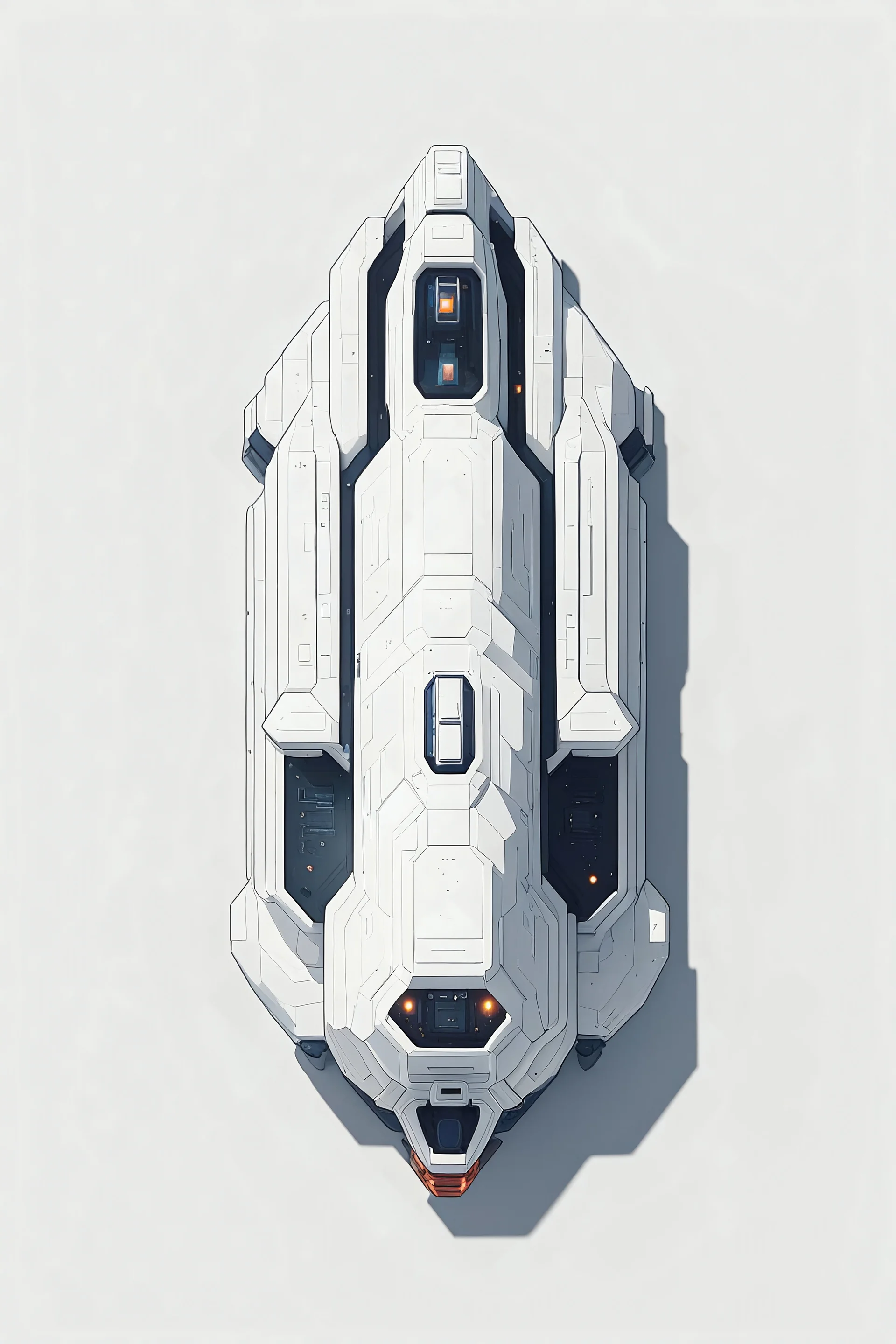 a minimalist white scientific spaceship for a top down view, 2D, asset shooter, video game , pixel art, white background