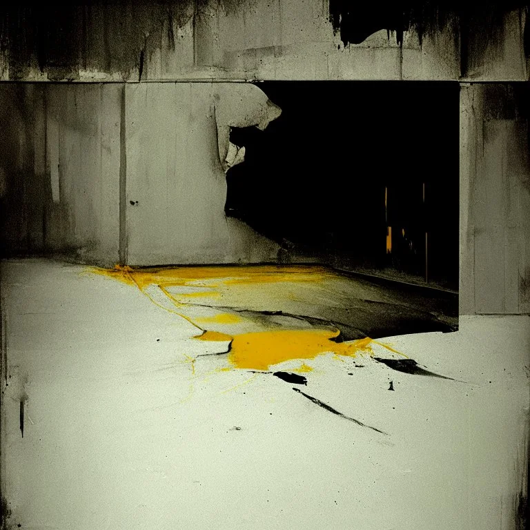 Minimal abstract oil painting in a desolate 1960s carpark concrete fragments and road markings. Broken pipes. Blurry outlines. In the style of Justin Mortimer and Francis Bacon. Muted yellows.