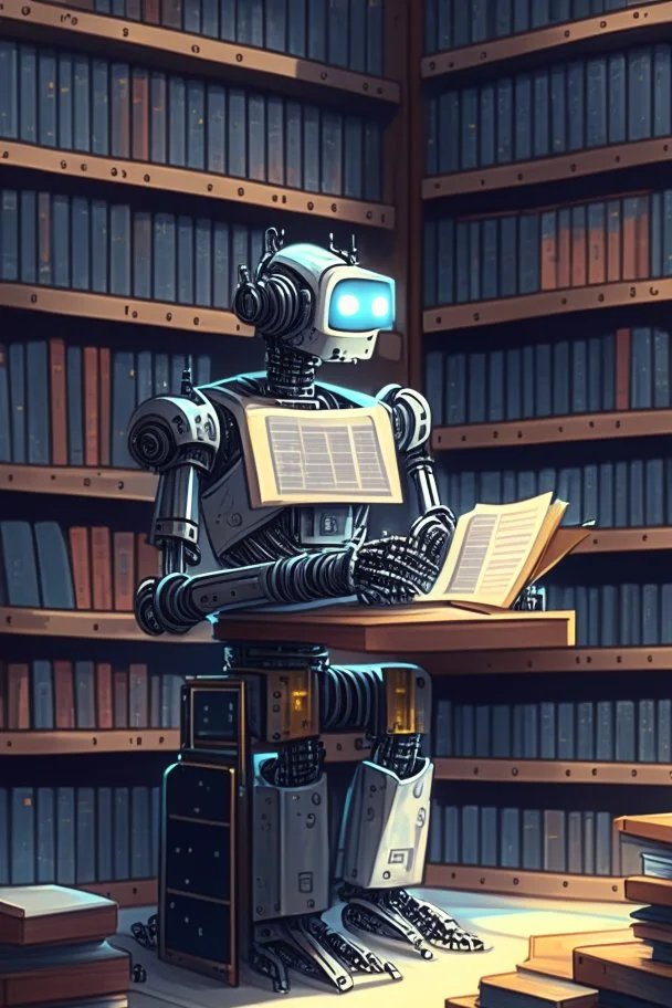 The library is serviced by computers, and there are many books on the shelves. The robot sits at the table and searches for books in the catalog in the computer Expression. High-quality drawing, 8K