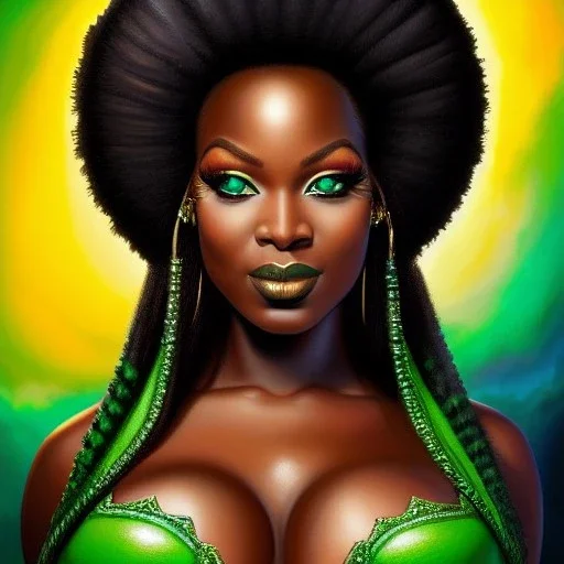 ultra detailed fullbody portrait of busty beautiful Black Queen , extremely detailed digital painting, intrincate, extremely detailed smiling face,crystal clear Big Green eyes, in the style of Fred Benes and Boris Vallejo and Julie Bell and Adam Hughes , mystical colors , perfectly centered image, perfect composition, rim light, beautiful lighting,8k, stunning scene, raytracing