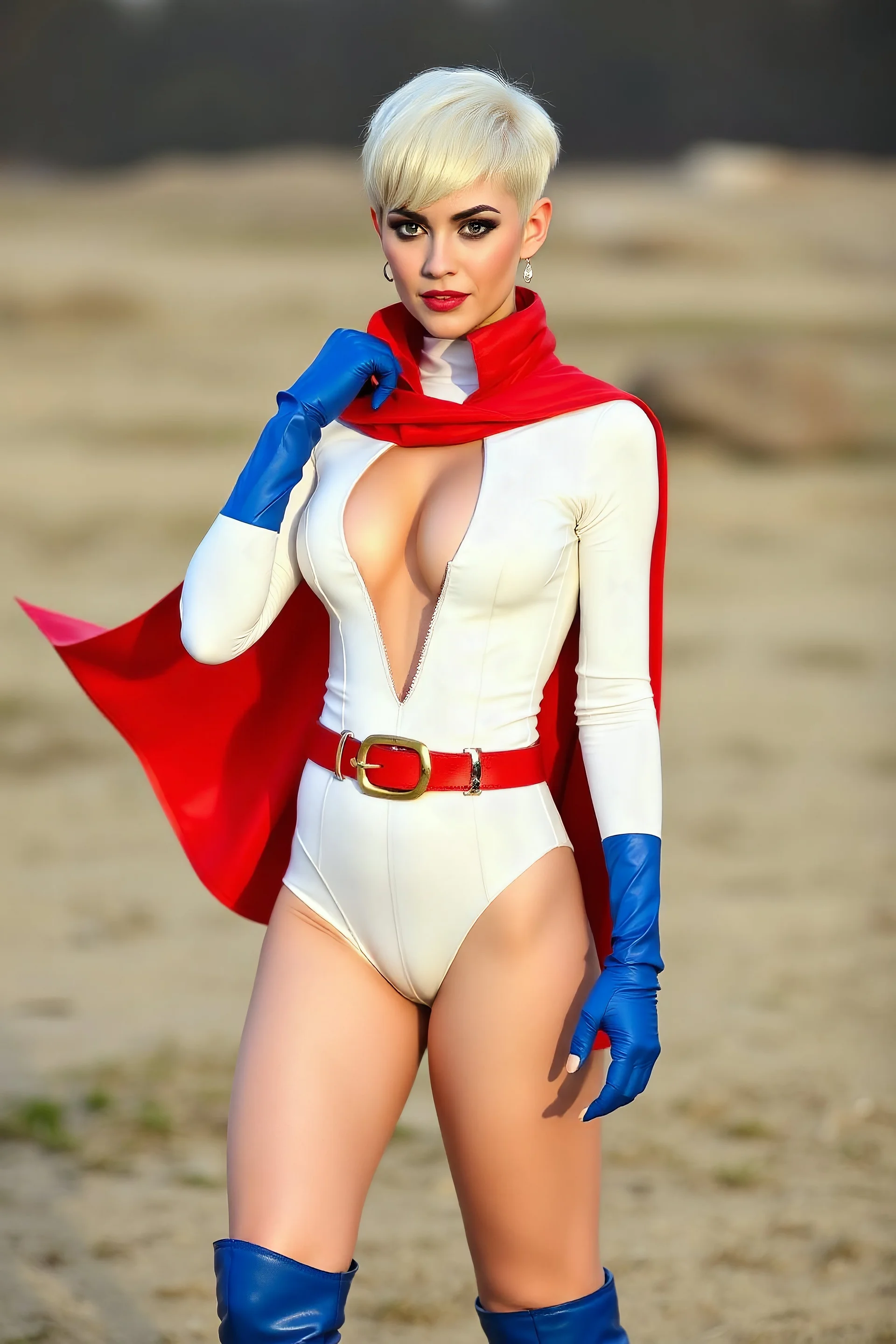 platinum blonde headed woman, crew cut style, wearing an extremely, extra short, skintight, formfitting long-sleeved, white bodysuit with a high collar and a plunging neckline, blue elbow-length gloves, a red belt with a gold belt buckle, a red cape, knee-high blue boots
