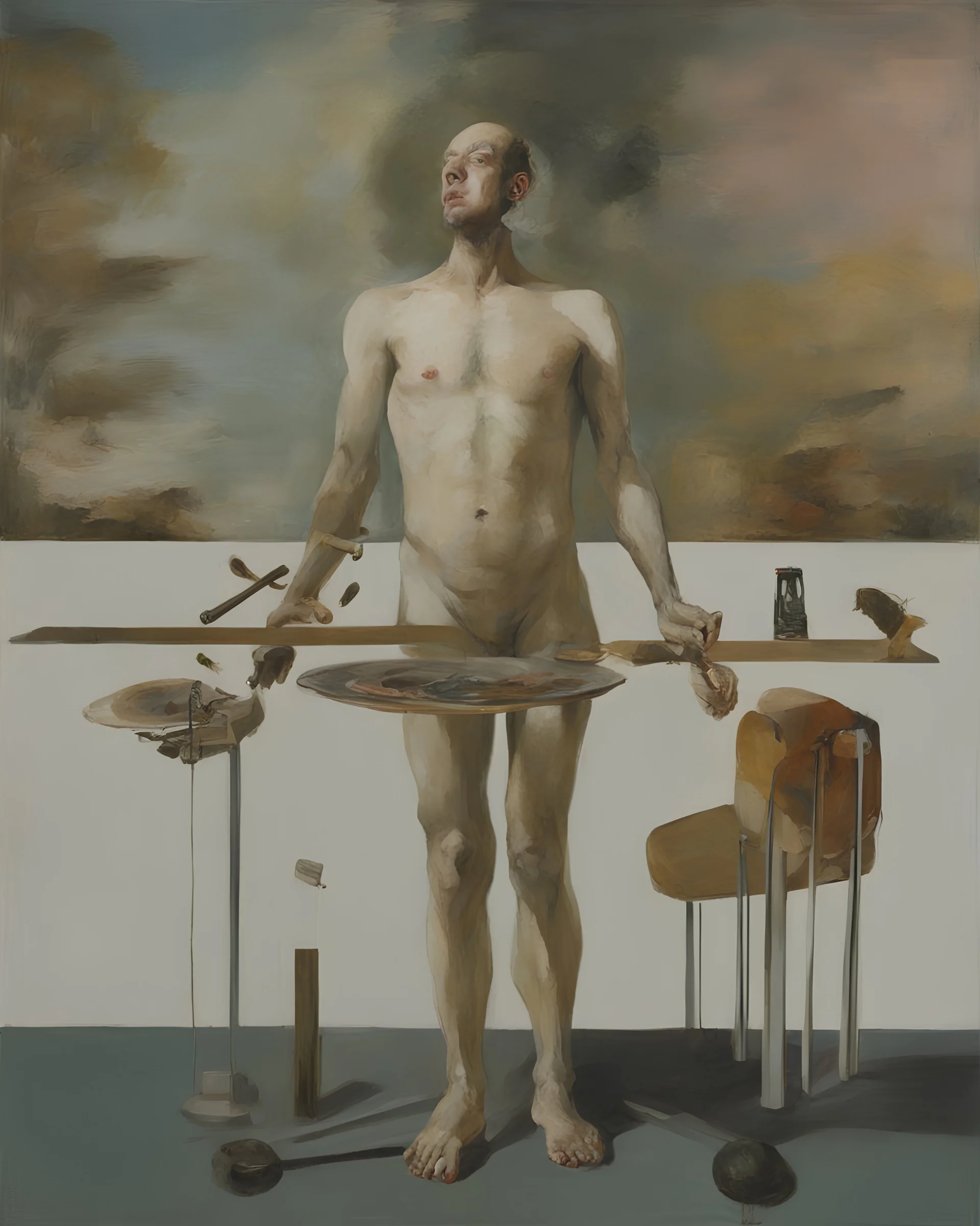 human body, universe-like table,complex surgical instruments mixed with human body-like musical instruments,minimalism,Painting By Adrian Ghenie, Rene Magritte, Salvador Dali, Lucian Freud