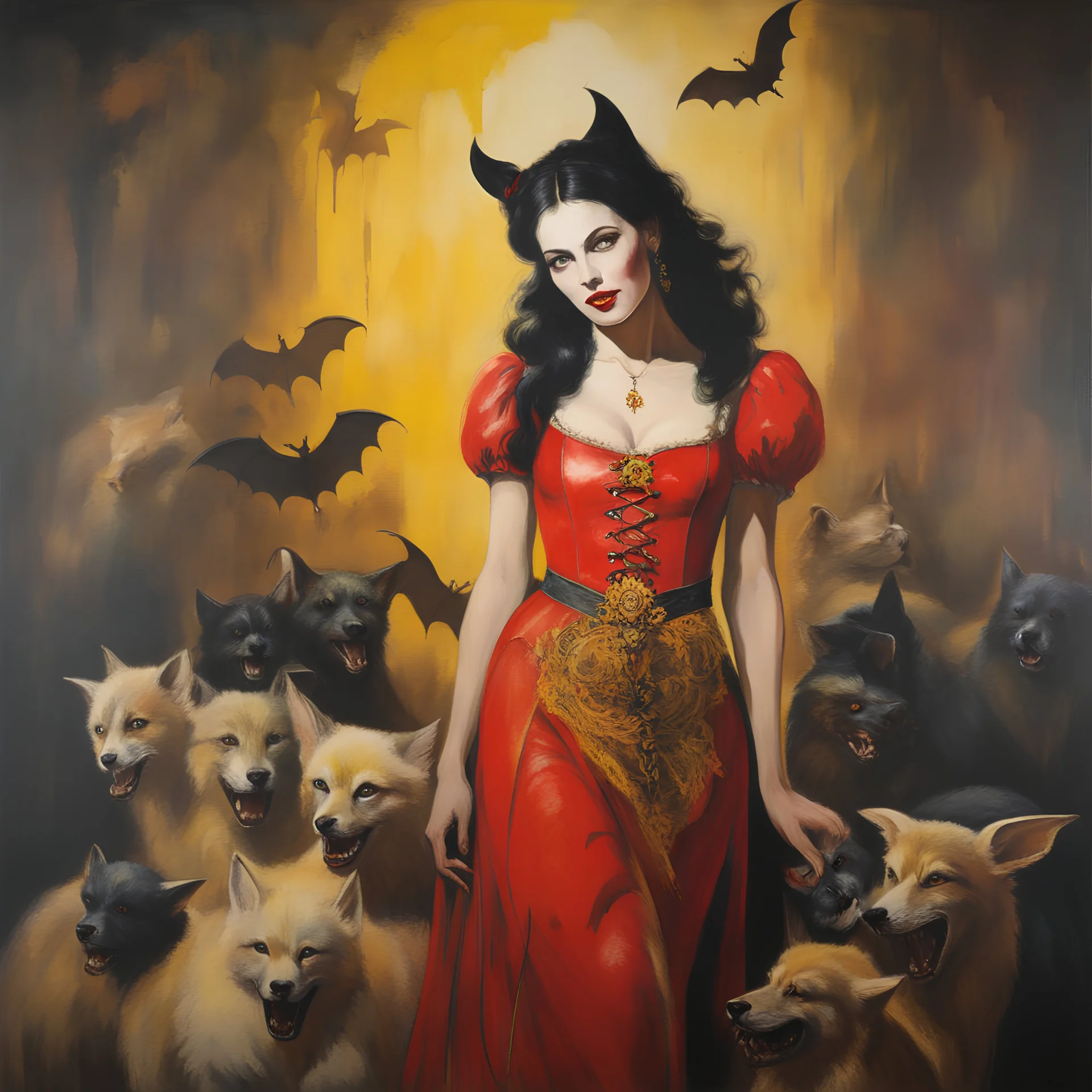 a Hideous, horrifying, frightening Snow White and the seven vampires, wearing a red leather sling suit with a gold/yellow bat emblem on the waist, dark, multicolored watercolor stained wall in the background, oil painting in the art style of Frank Frazetta, 32k UHD, Hyper realistic, photorealistic, realistic, sharp, highly detailed, professional quality, beautiful, awesome, majestic, superb, trending on artstation