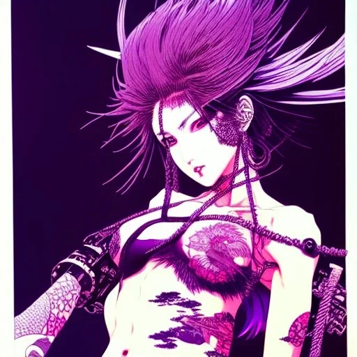 beautiful punk girl, hyper detailed, hyperdetailed, intricately detailed, illustration by <Katsushika Hokusai> <Yoji Shinkawa>, purple tones,