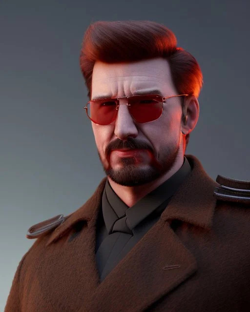 a young man with big muscles who looks like hans gruber wearing a heavy coat and red sunglasses staring with an irritated look on his face standing in front of a large fire