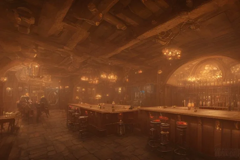 fantasy setting, a tavern, with a large dining room and a bar on one side. At the bar, a larger, older man with no hair is standing, conversing with a dwarf sitting in a bar stool on the other side. A large fireplace is lit in the center of the room. In addition to that, there are a handful of guests scattered around the room…