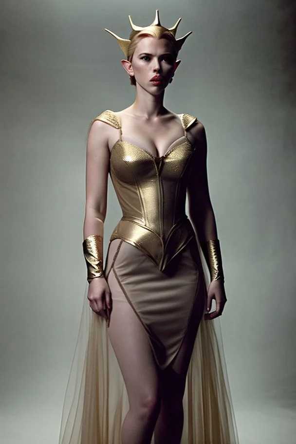 Scarlett Johansson, as an elf queen wearing a gold lame dress with spaghetti straps, standing against a dark background with muted stage lighting