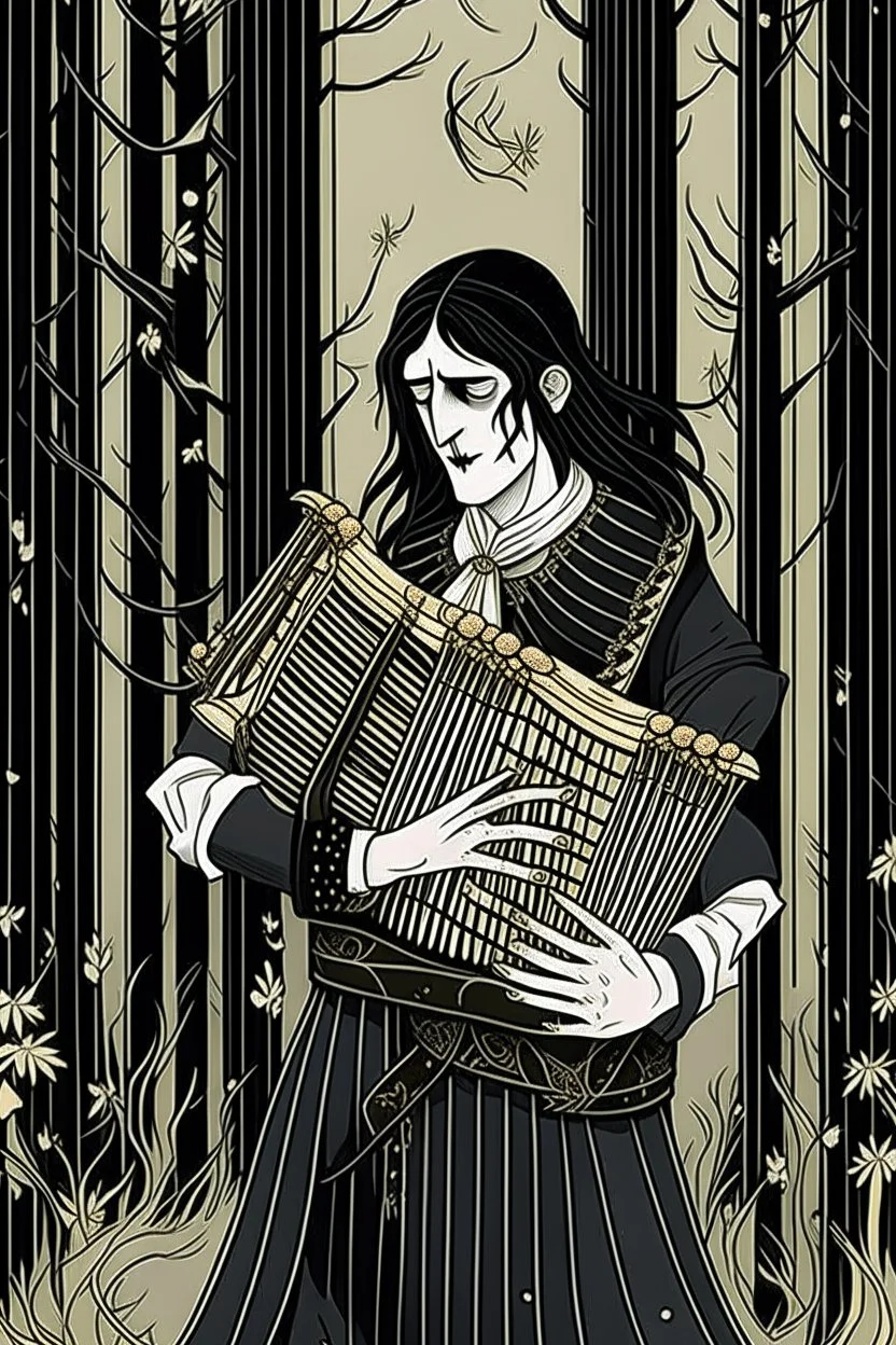 goth male necromancer with black hair playing a accordion in the style of Aubrey Beardsley