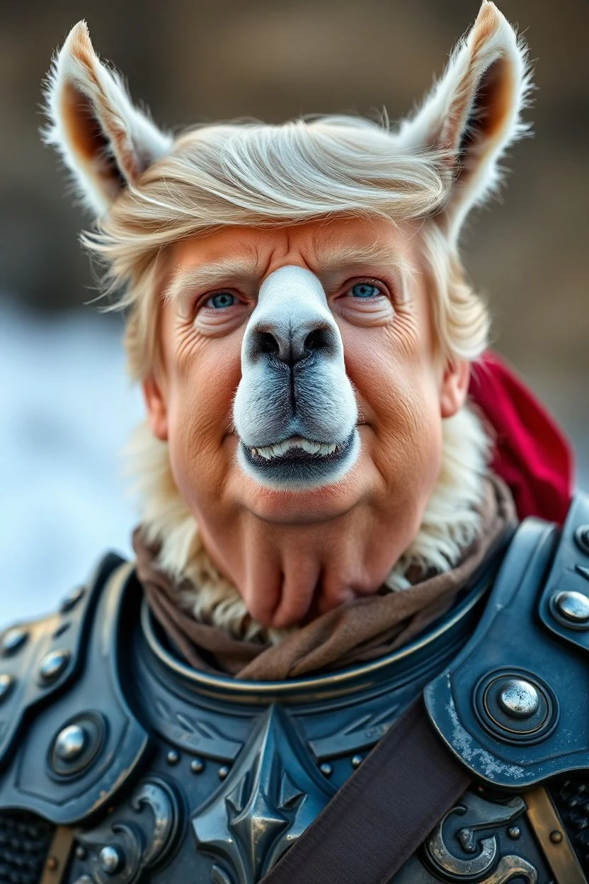 Trump as lama thief in full armor. Close up portrait. Afraid to fail, afraid to dive within. But still smiling.