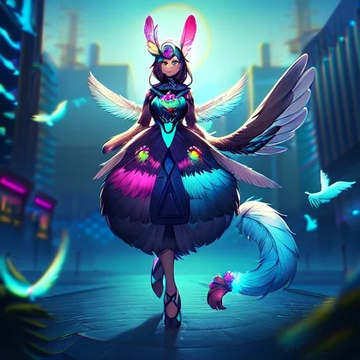 A bird fursona, Furry art, Digital art, cyberpunk, High quality, Backlighting, female, anthropomorphic, full body portrait, 8k resolution, bird tail, Realistic, high quality, great details, within portrait, masterpiece, best quality, detailed outfit, vibrant colors, perfect eyes, feathery, human body, robotic arm, sfw, highly detailed face, perfectly drawn, Taloned feet