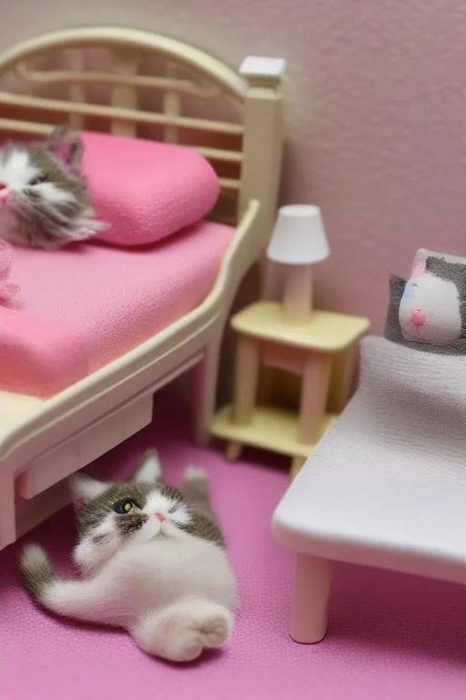 Sylvanian family cat and kitten hospital, hospital furniture, charts on beds, flowers in a vase on a table next to a bed