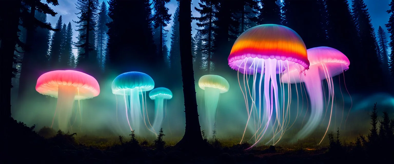 giant bio luminous Rainbow floating JellyFish, fungal, light floating in a forest, mist, light trails, nighttime, long exposure, Treeline, Alberta, scientist, Dystopian, Hyper detailed, Realistic, Extreme depth of field, bokeh blur, Alberta all-natural, National Geographic, in the style of candid, imperfection, natural lighting, cinematic, Fuji Film, Anamorphic lens, 2040s, --ar 4:5 --w 150 --style raw