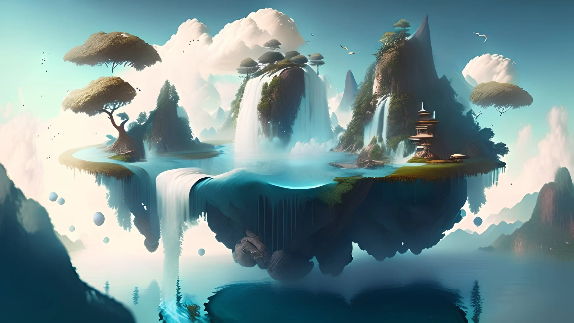 A dreamlike floating island with waterfalls that flow upwards.