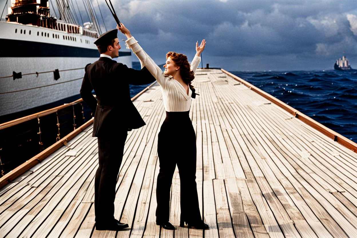 Titanic deck jack and rose standing in t pose "I'm Flying" Scene