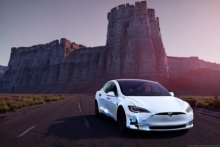 A Tesla 'Model S' is going at a high speed, near the 'Devils Tower' in Wyoming. (CINEMATIC, WIDE ANGLE LENS, PHOTO REAL)