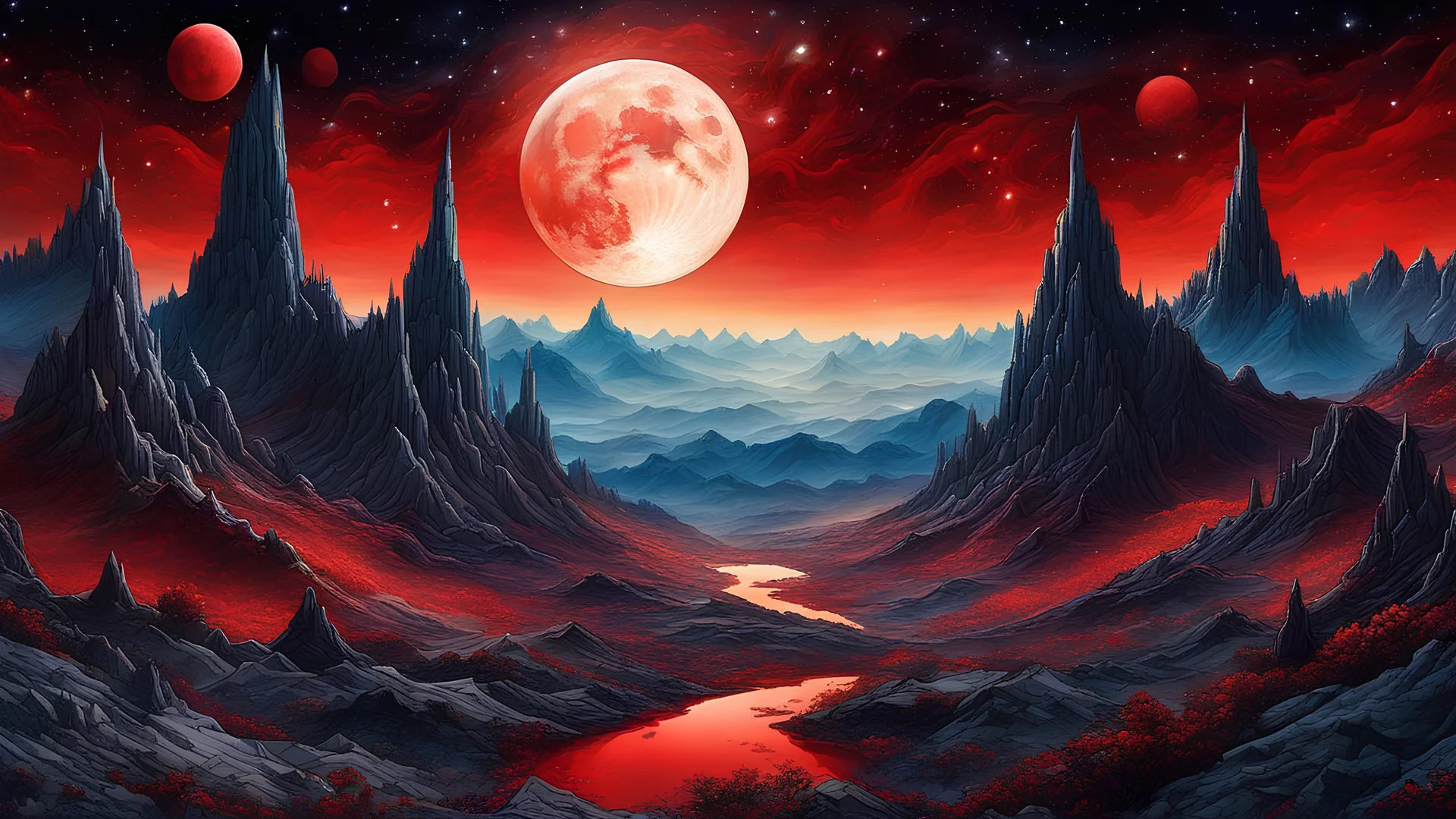 ultra high resolution, Perfectly composed, crisp, award-winning, alcohol ink embossed image of a highly detailed science fiction landscape, breathtaking attention to detail. elaborately designed background of a night starry sky with a red moon, gothic illustration, detailed, complicated details, Ultra HD 32k, otherworldly, mystical, Fantasy, complex background, dynamic lighting, marc simonetti, cinematic, 4k, epic Steven Spielberg movie still, sharp focus, emitting diodes, smoke, artillery