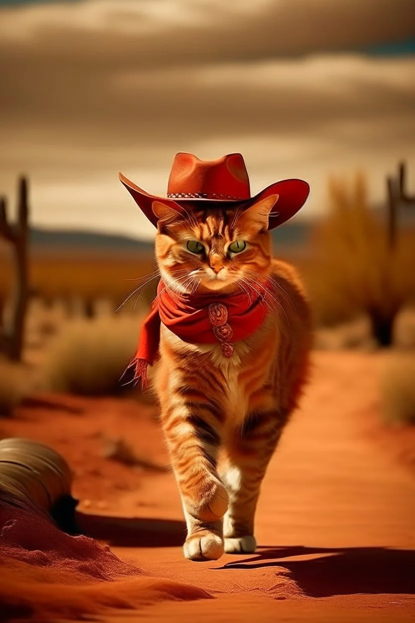 gato de colorado, caminando, vestido de cowboy, dentro de el lejano oeste. estilo caricatura