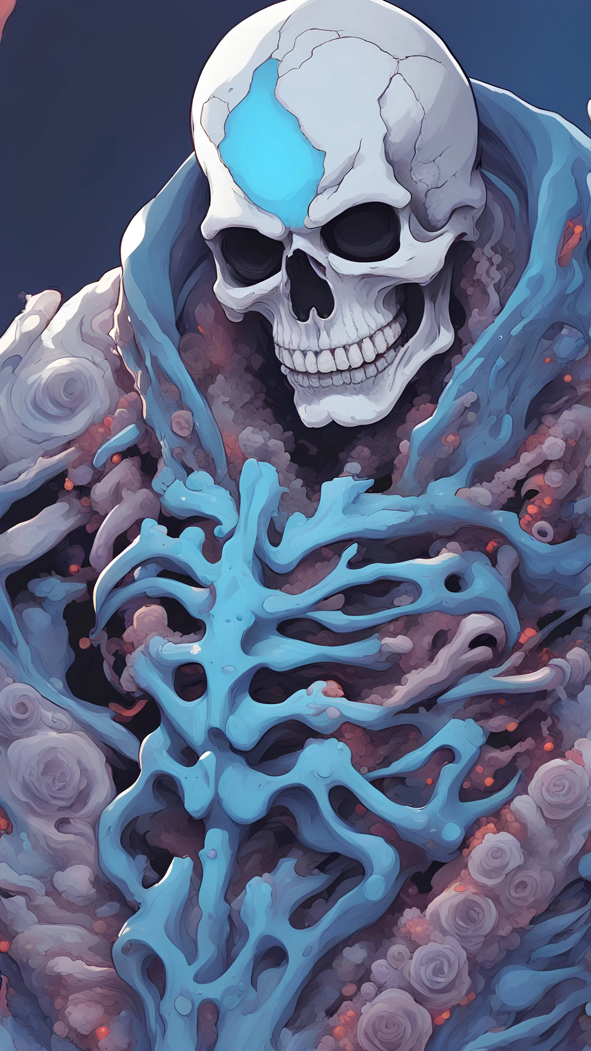 a close up of a person with a skull on their head, blue and black colors, anime skull portrait man, scary detailed art in color, hiroyuki-mitsume takahashi, nychos art aesthetic, half man half skeleton, anime cyberpunk art, colored manga art, rossdraws pastel vibrant, hot colors. insanely detailed, beautiful anime portrait, stunning anime face portrait, scary art in color
