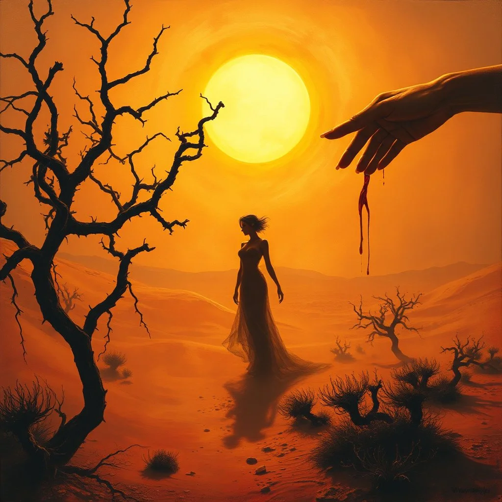 A dramatic surreal painting of a dusty desert mesa at twilight. A mysterious feminine figure emerges from the shadow of twisted creosote branches, her form entwined with thorny vines climbing slowly toward a blazing, boiling sun. Her skin is ethereal and dangerous; as a hand reaches to touch her, blood drips from the fingers. The atmosphere is haunting, poetic, and mythological. Use a painterly, cinematic style, with golden oranges, deep reds, dusty browns, and shimmering highlights. --v 7 --sty