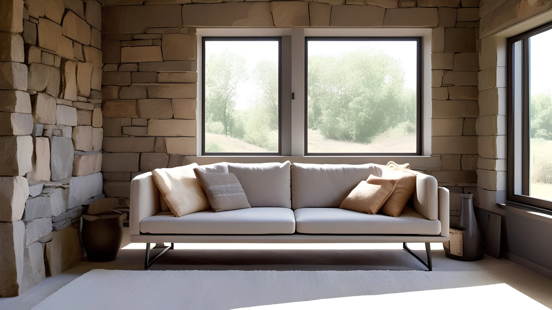 Corner sofa against window in room with stone cladding walls. Farmhouse style interior design of modern living room. Created with generative AI