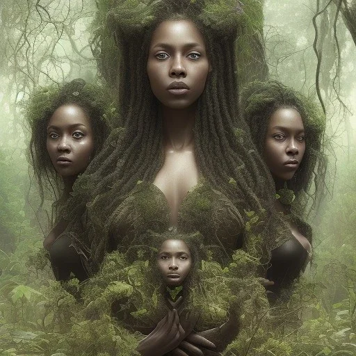 4K. Ultra real photo.three black women. Three Dark skin black women .three women. A mother. Two daughter. Twins. A mother with her children. three young black women. wood nymphs emerging from the forest. Her hair looks like vines. Dreadlocs. Her skin is the colour of dark soil. Her skin looks like tree bark. Her clothing is made of vines, grass and leaves.