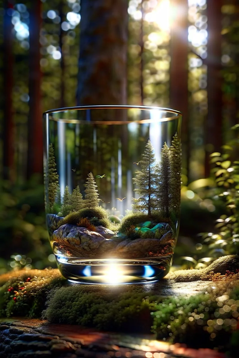 Create hyper-realistic photo of a glass tumbler in a wild forest. Inside, a miniature [Tehran] with landmarks. A trasparrent 3D text of [Tehran] blends naturally into the landscape . Soft bright daylight, reflections, and subtle imperfections like fingerprints. DSLR quality, sharp focus.