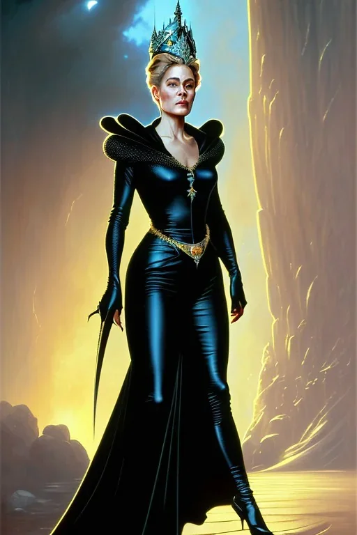 painting of Sharon Stone as evil queen in black leather gown, feminie, angry, stern look on her face, emperious, highly detailed, digital painting, artstation, concept art, smooth, sharp focus, illustration, art by gaston bussiere and alphonse mucha