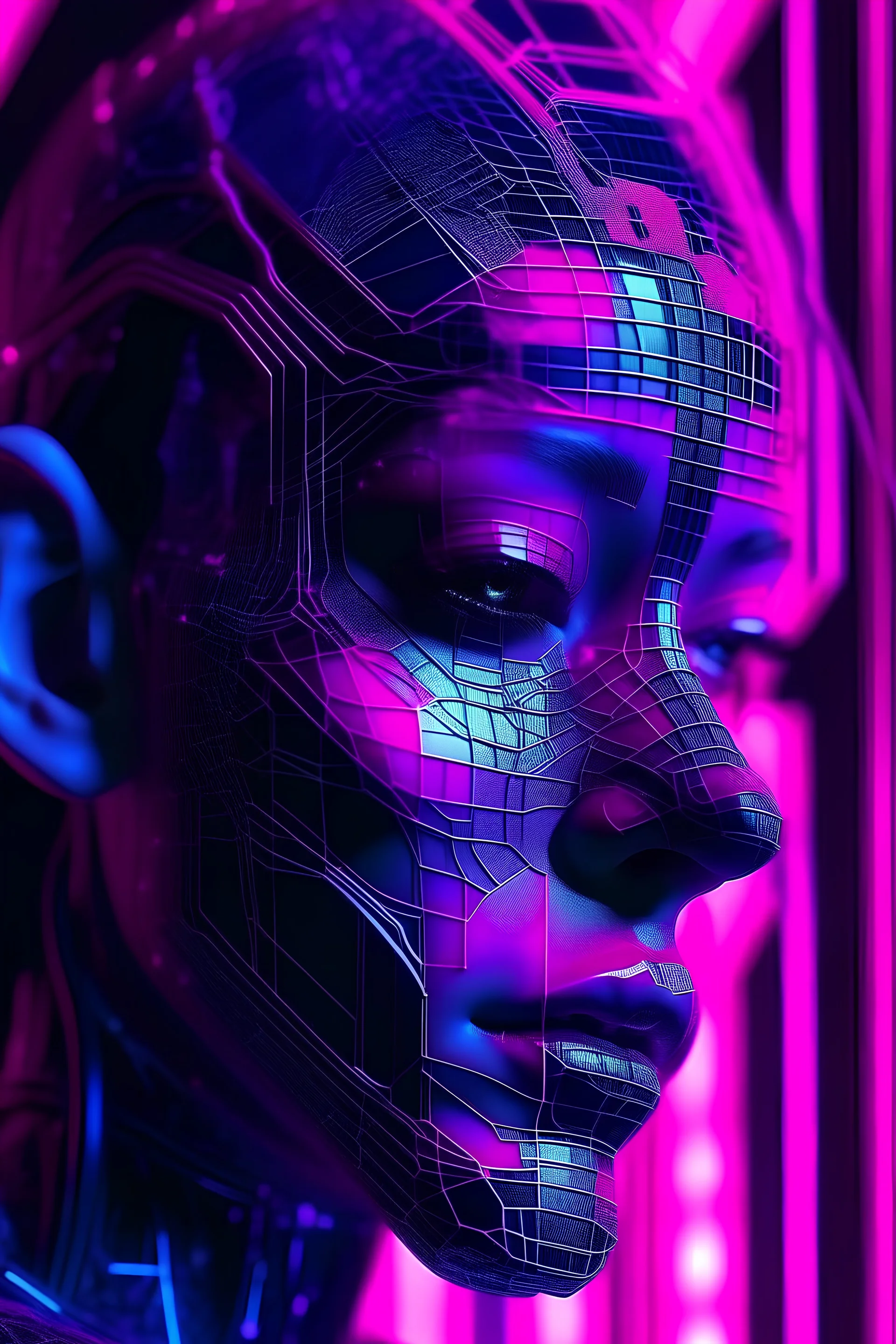 Impact on users by using neural networks, cyberpunk style, violet/pink colors, no people