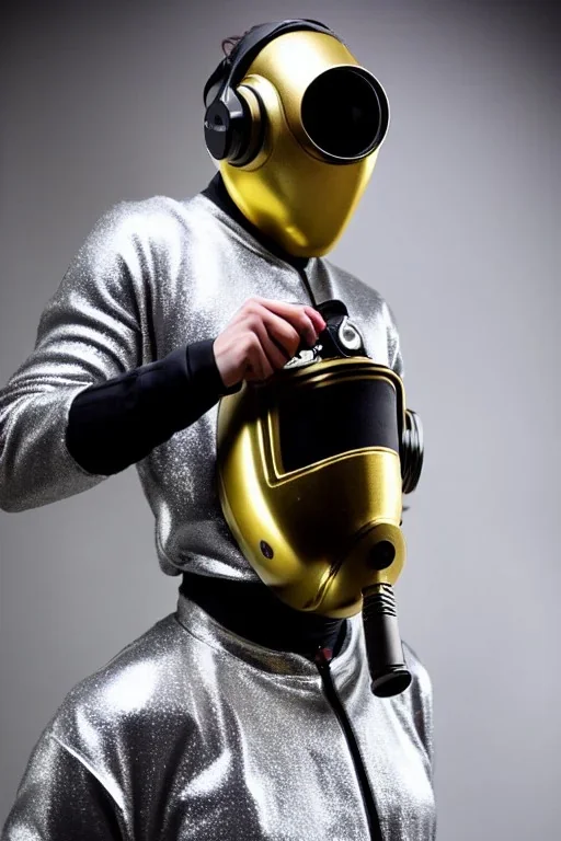 Metallic Cyber-punk style man with a camera-mask and old AKG-style headphones with golden. Large fencing mask covers man's cheeks. Man in good body shape. Reflective plastic body surface, golden skin, full-coverage. Body and Head full of integrated old-fashioned cameras and an old telephone. Silver to grey latex surfaces body. Perfect body. Equations, Euclidean 3D-tiling, Escher tiling. 1996. Cables in head. Daft Punk. Matrix leather jacket with a Hood.