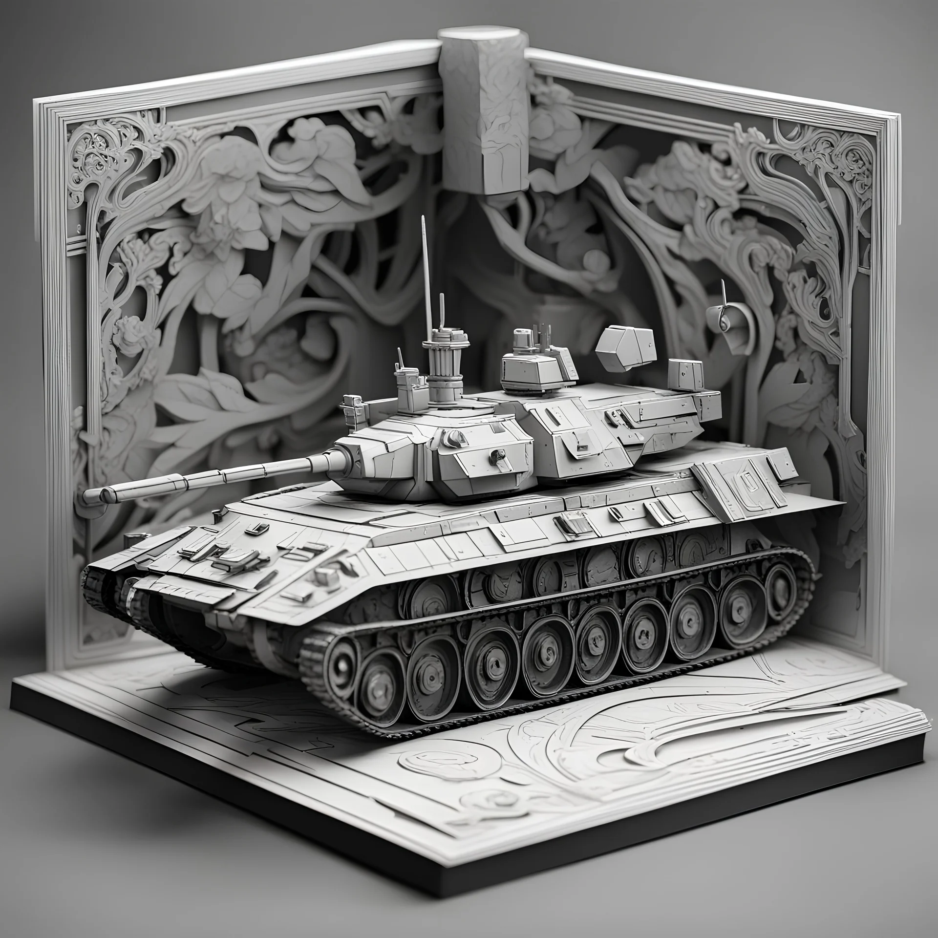 World of Tanks ornate Papercraft, popup book, soft shadows, ambient occlusion, monochromatic