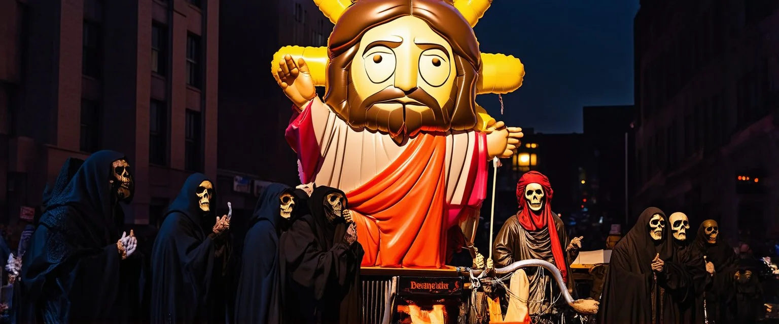 cartoonish jesus parade balloon pulled by multiple grim reapers, multi colored, bright, vivid, psychedelic, high detailed, high gloss, insanely detailed, matte, horrorcore, lining the street, unsettling contrast, monument to death, live action shot grim reaper parade, pulling a jesus parade float