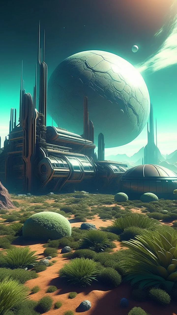 sci fi planet, boxy buildings, strange plants