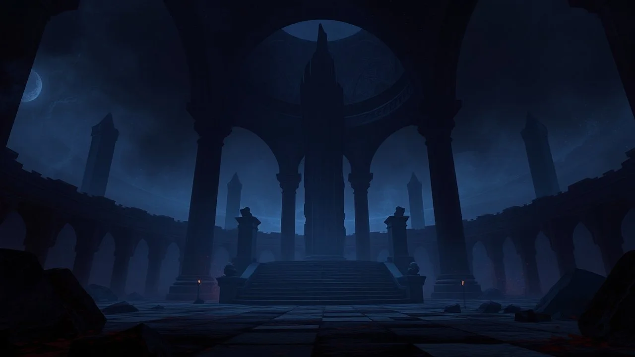 Digital artwork depicting a dark, mysterious, and ancient architectural scene.