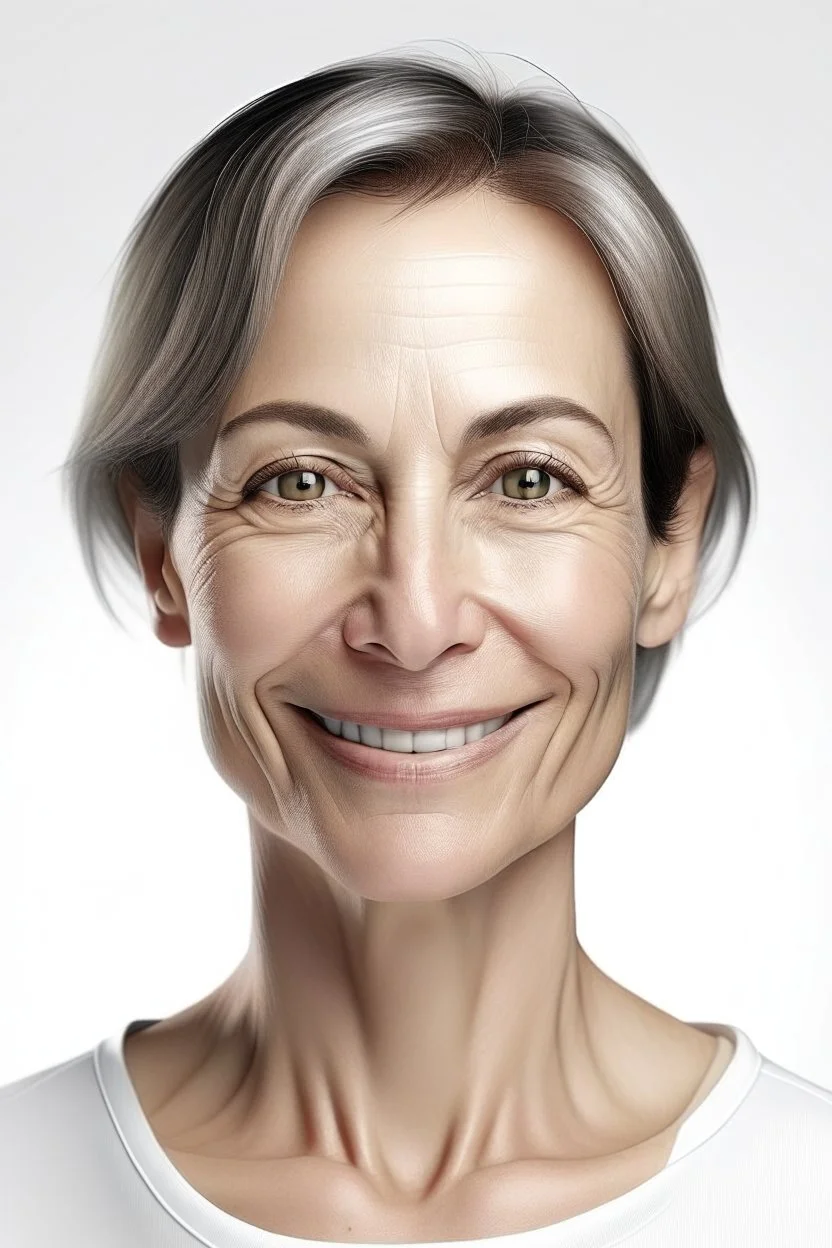 realistic, (49yr old female)without makeup, Caucasian beautiful face, dark hair, wearing a tight white shirt, studio lighting, cinematic light, beautiful woman, milk beige middle hair, perfect anatomy, very cute smile, (head frame), on white background, 8k Resolution, human hands, curiously complete, elegant, close to perfection, dynamic, highly detailed, character sheet, concept art, smooth, non-symmetrical body a, detailed hairstyles and skin texture