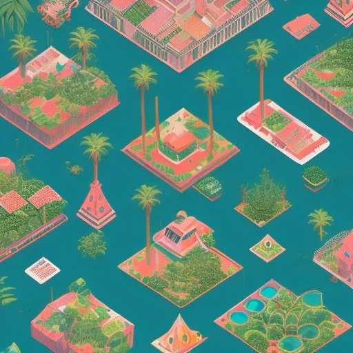 city, tropical, latino, plants, paths, flat design, 2 colors, risograph