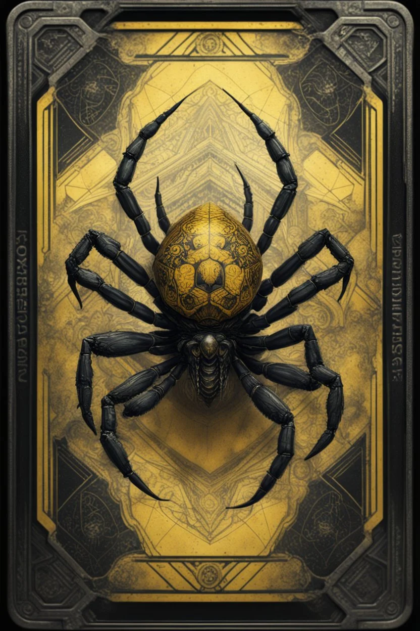 sacred geometry framed playing card, black and yellow death spider dragon crab boss card in the style of Giger and fallout 4 ,,bokeh like f/0.8, tilt-shift lens 8k, high detail, smooth render, down-light, unreal engine