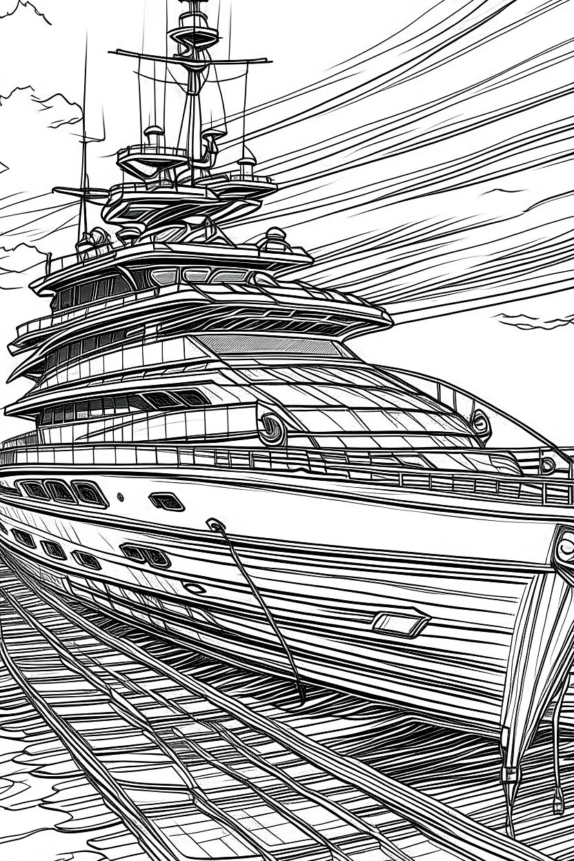 Outline art, no shading, full body yatch, black and white, lno shading, ow detail, --ar 9:11