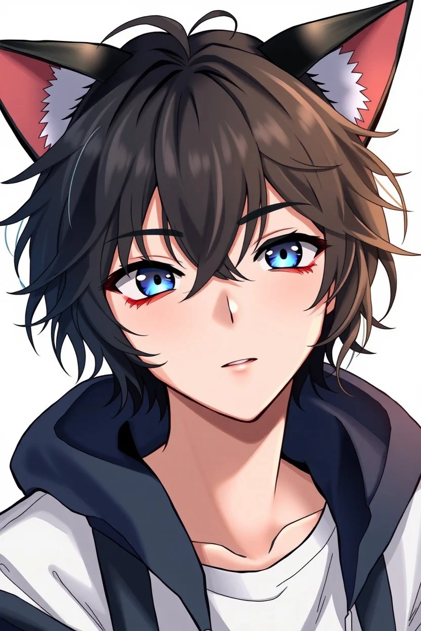 A young man with messy, medium length black hair, black cat ears on his head, blue eyes. Illustration