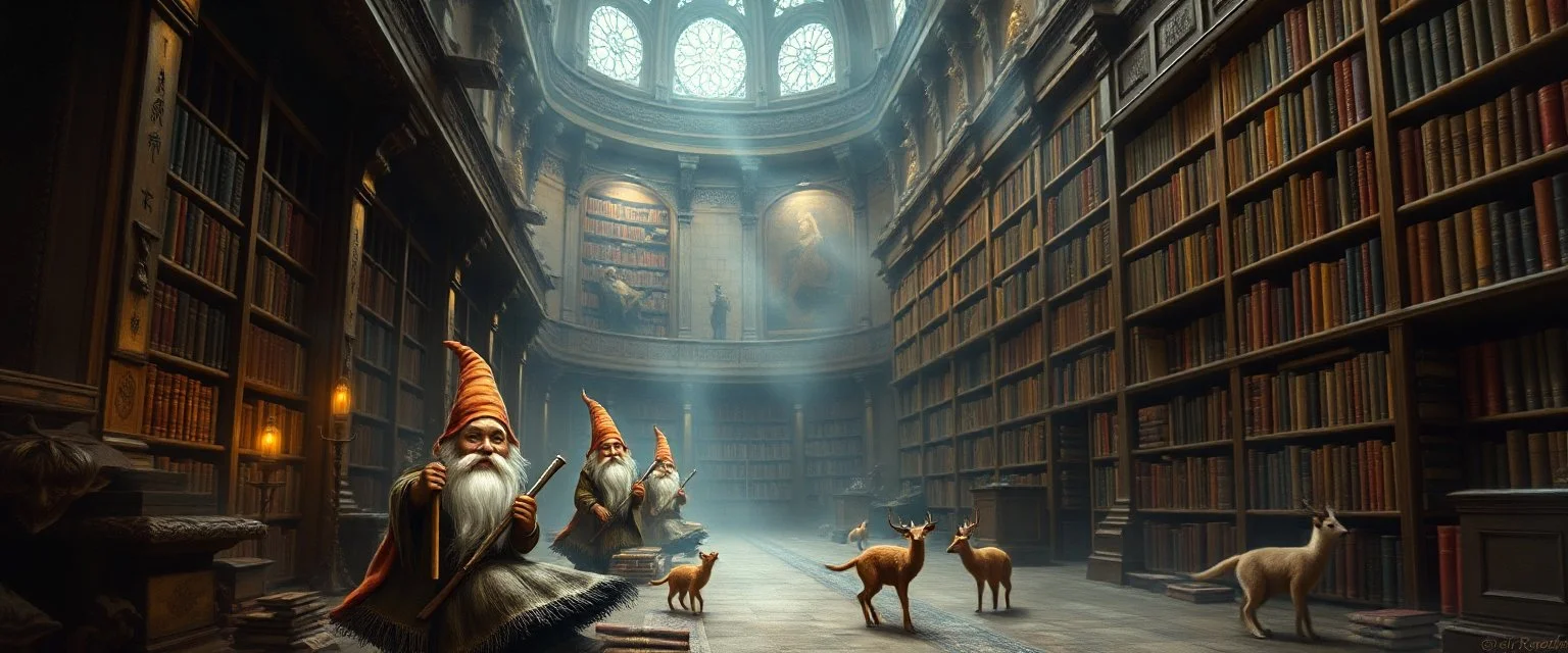 master oil painting by Rembrandt, magia spy gnomes soap opera poster, huge multi level archeive, library, woodland creatures, motion blur, background mist
